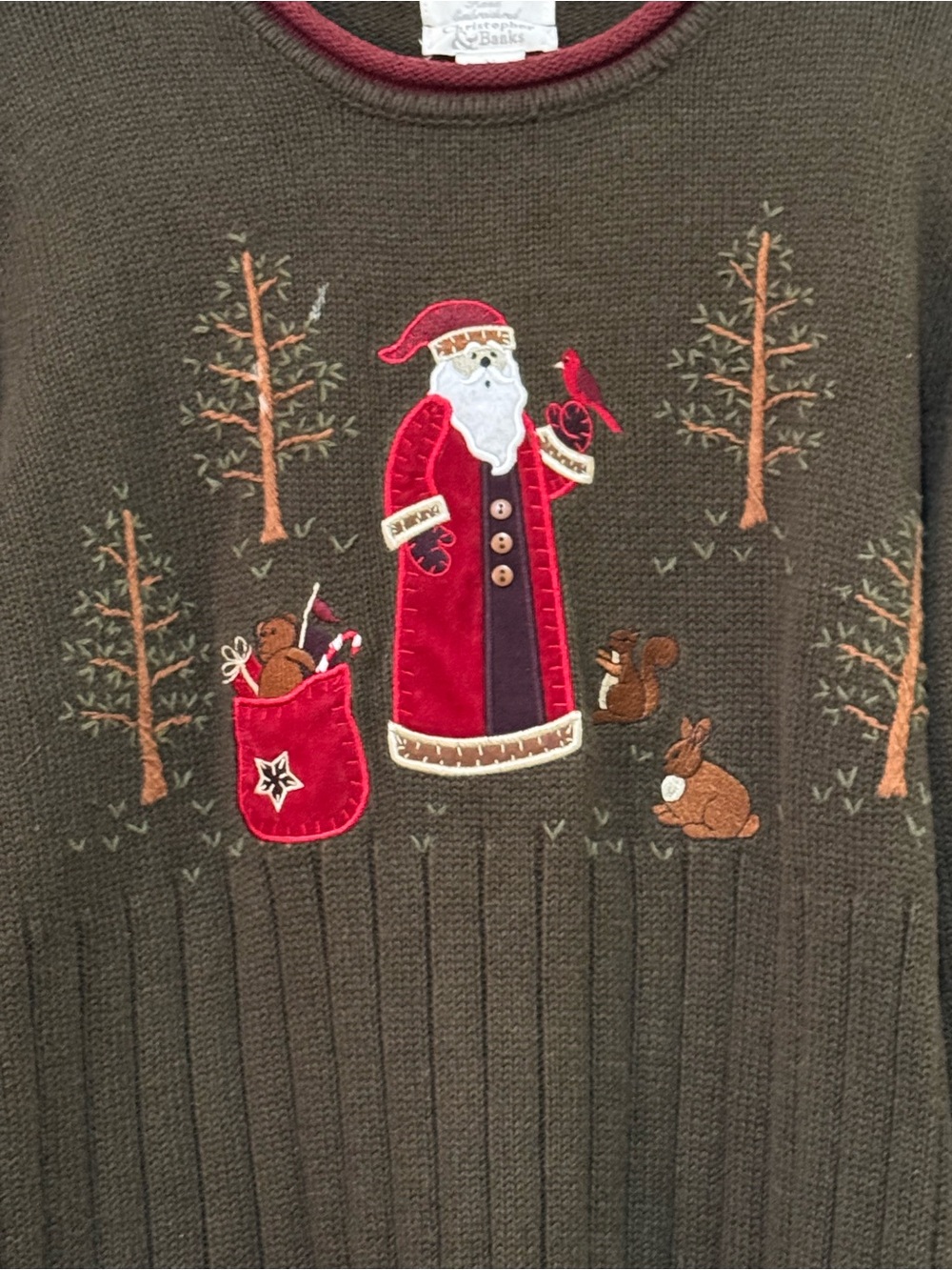 W Sz. Med Green Holiday Christmas Crew Sweater Santa Woodland Hand Embroidered - Picture 4 of 15